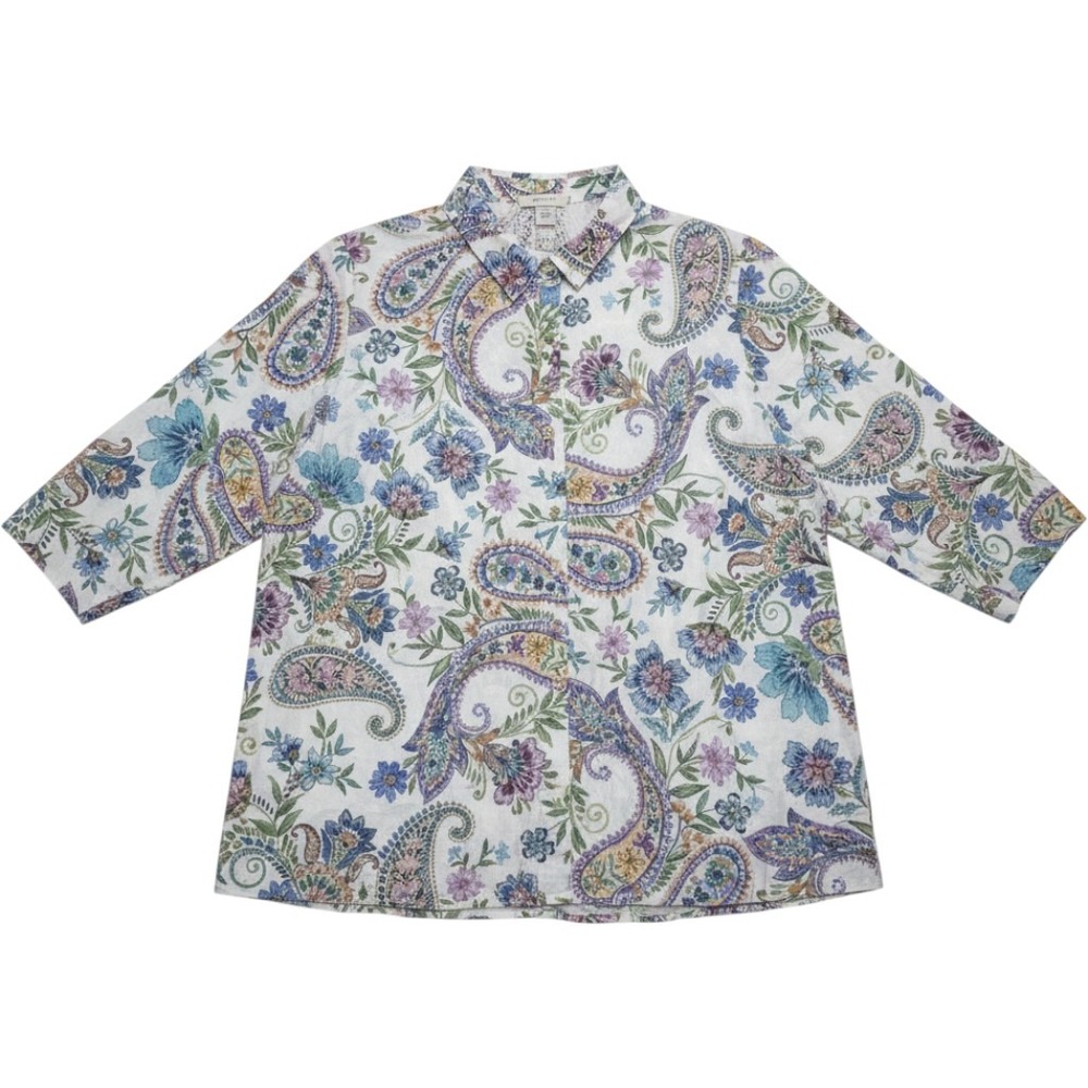 Alfred Dunner Button Up Shirt Womens Plus 3X Multicolor 3/4 Sleeve Paisley Top